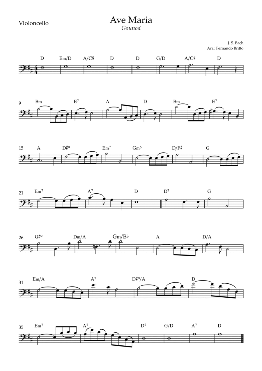 Ave Maria (Gounod) for Cello Solo with Chords (D Major) Cello Solo scores gallery preview page 1