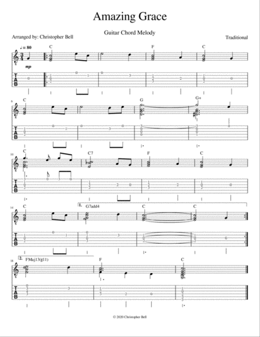 Amazing Grace - Guitar Chord Melody Guitar Tablature scores gallery preview page 1