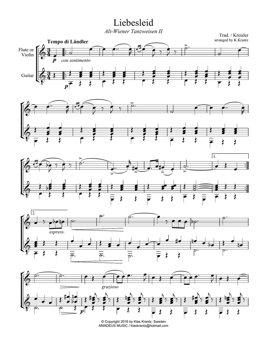 Liebesleid for flute or violin and guitar Flute scores gallery preview page 1