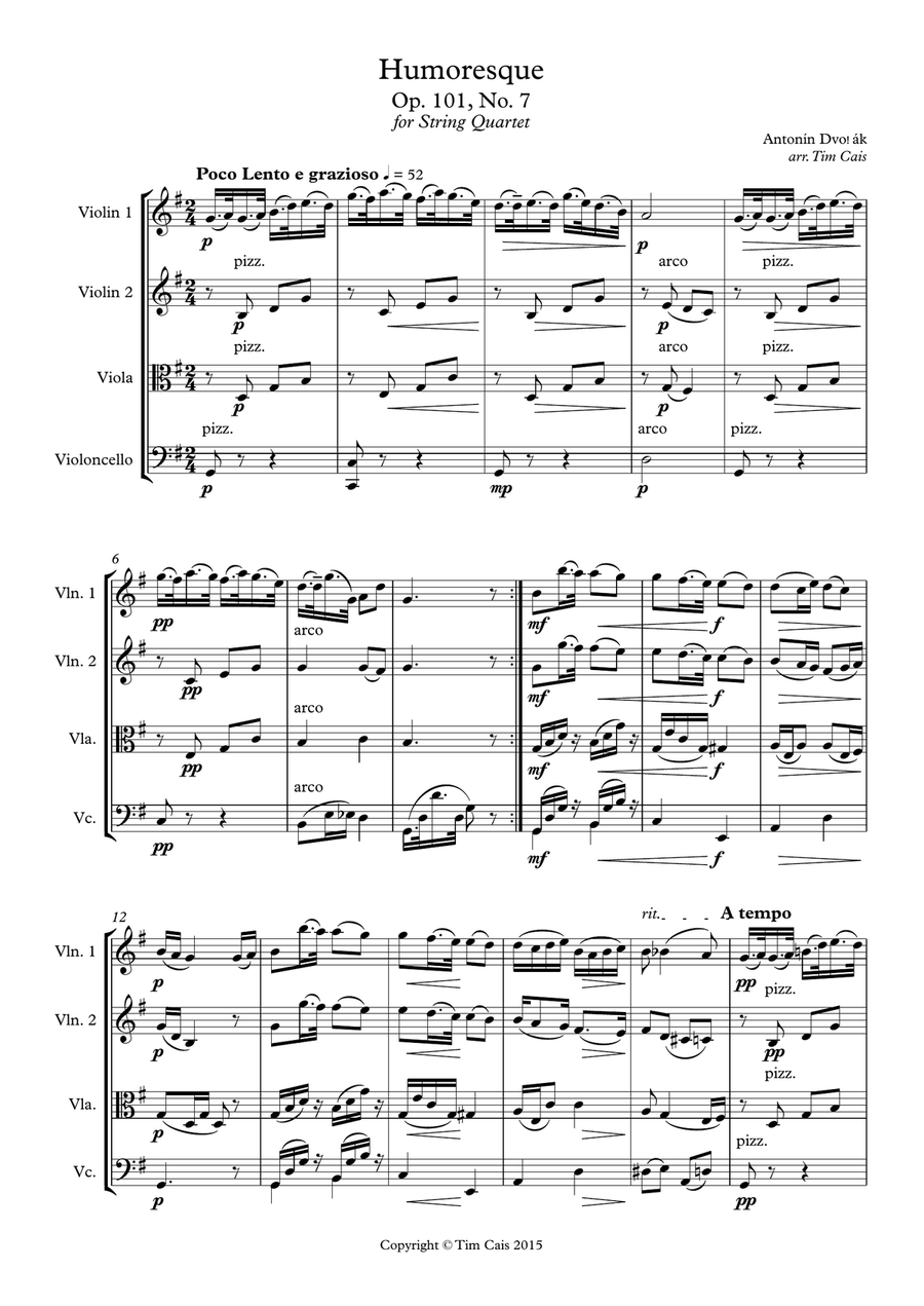 Dvořák: Humoresque No. 7 - String Quartet String Quartet scores gallery preview page 1