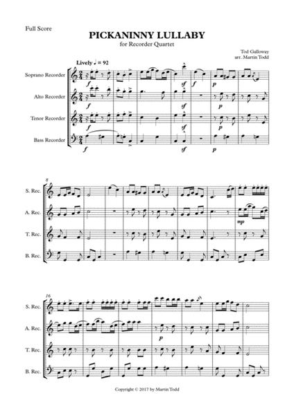 Pickaninny Lullaby for Recorder Quartet (SATB) image number null
