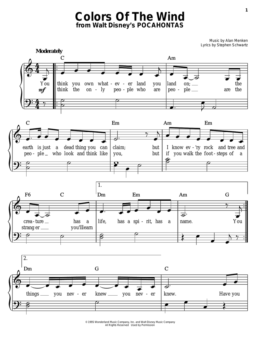 Colors Of The Wind (from Pocahontas) Easy Piano scores gallery preview page 1