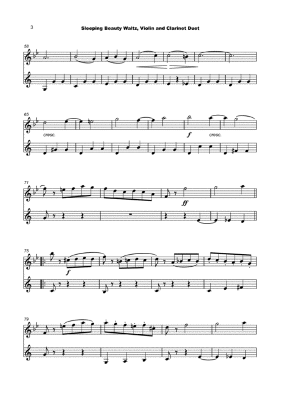 The Sleeping Beauty Waltz by Tchaikovsky, for Violin and Clarinet Duet Clarinet Duet scores gallery preview page 4