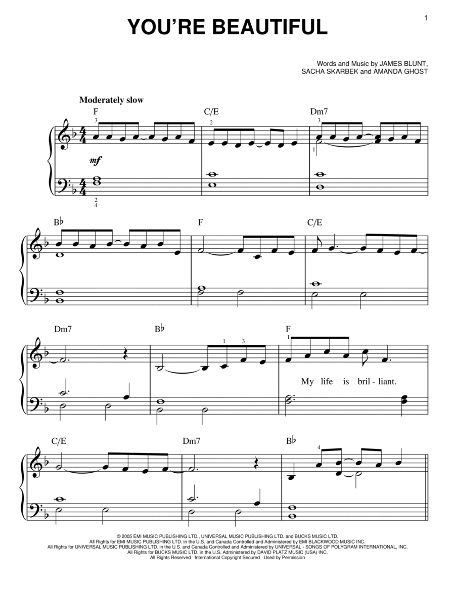 You're Beautiful Easy Piano scores gallery preview page 1