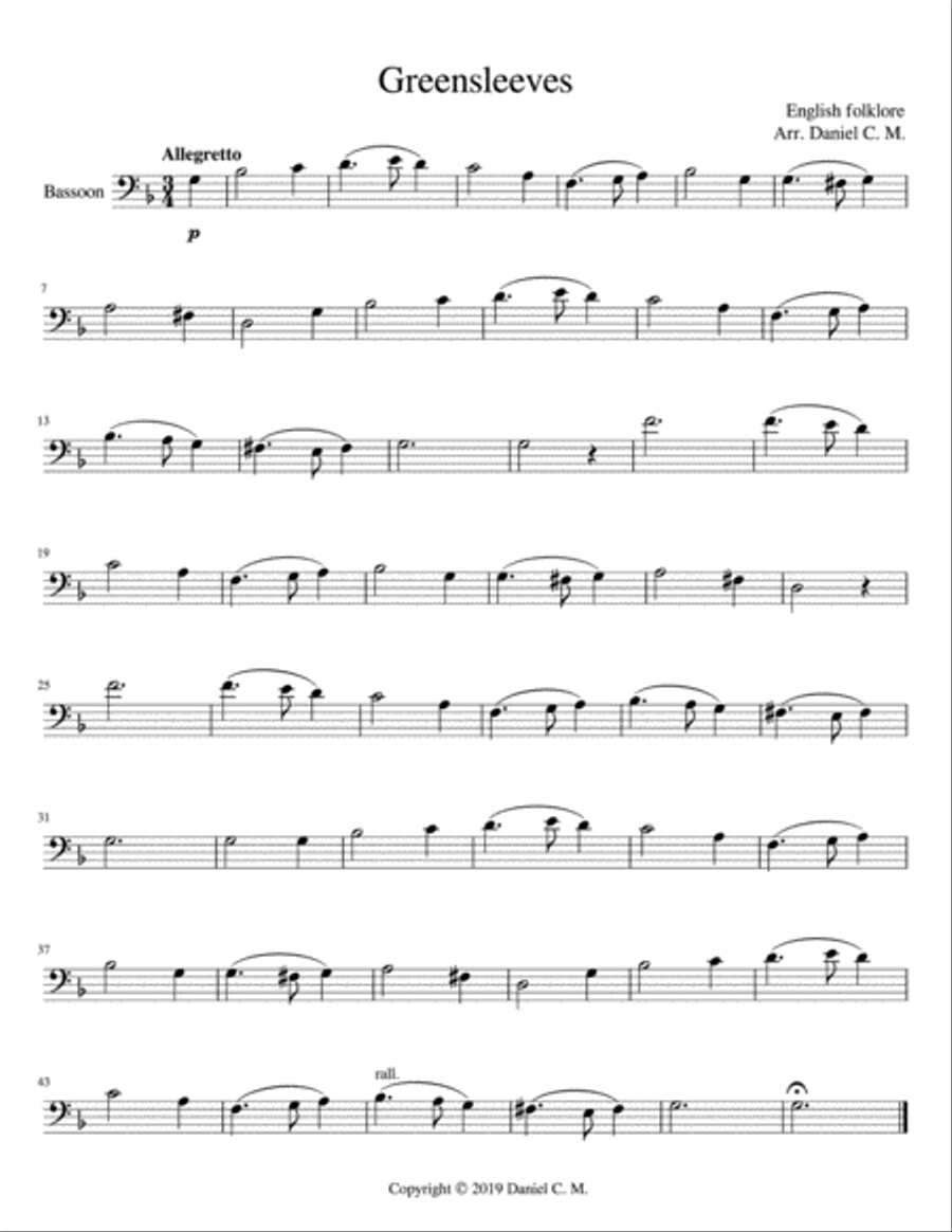 Greensleeves for bassoon and piano Bassoon Solo scores gallery preview page 1