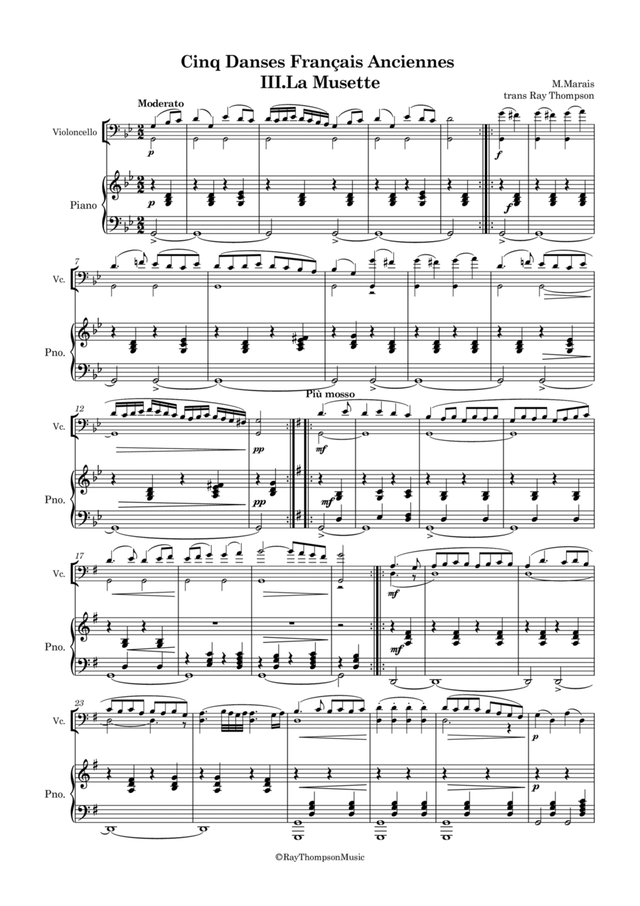 Marais: Cinq Danses Français Anciennes (Five Old French Dances) III. La Musette - vln/vla/vc/piano Violin scores gallery preview page 1