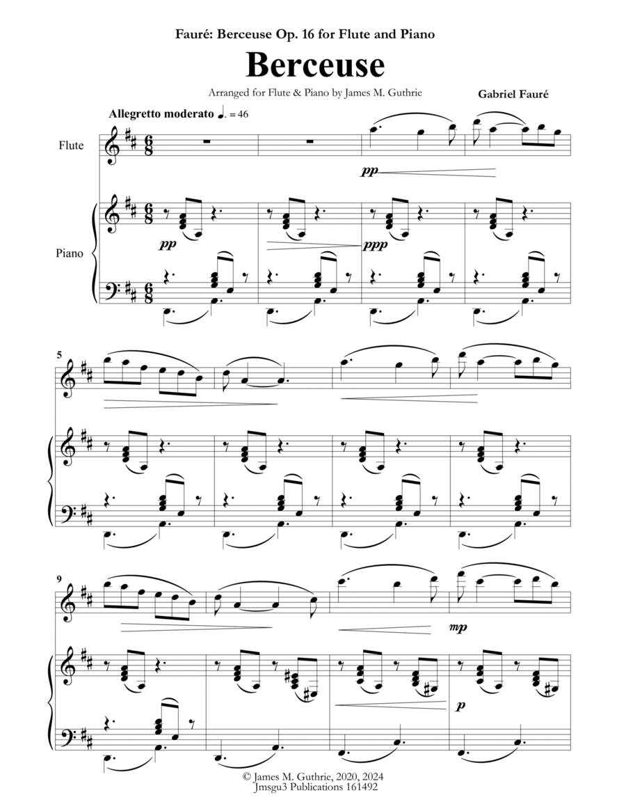 Fauré: Berceuse Op 16. for Flute & Piano image number null