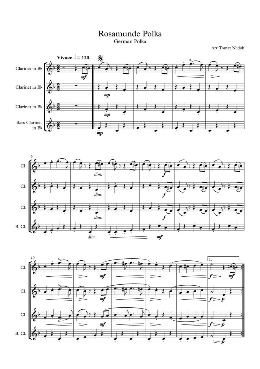 Rosamunde Polka for Clarinet Quartet Clarinet Quartet scores gallery preview page 1