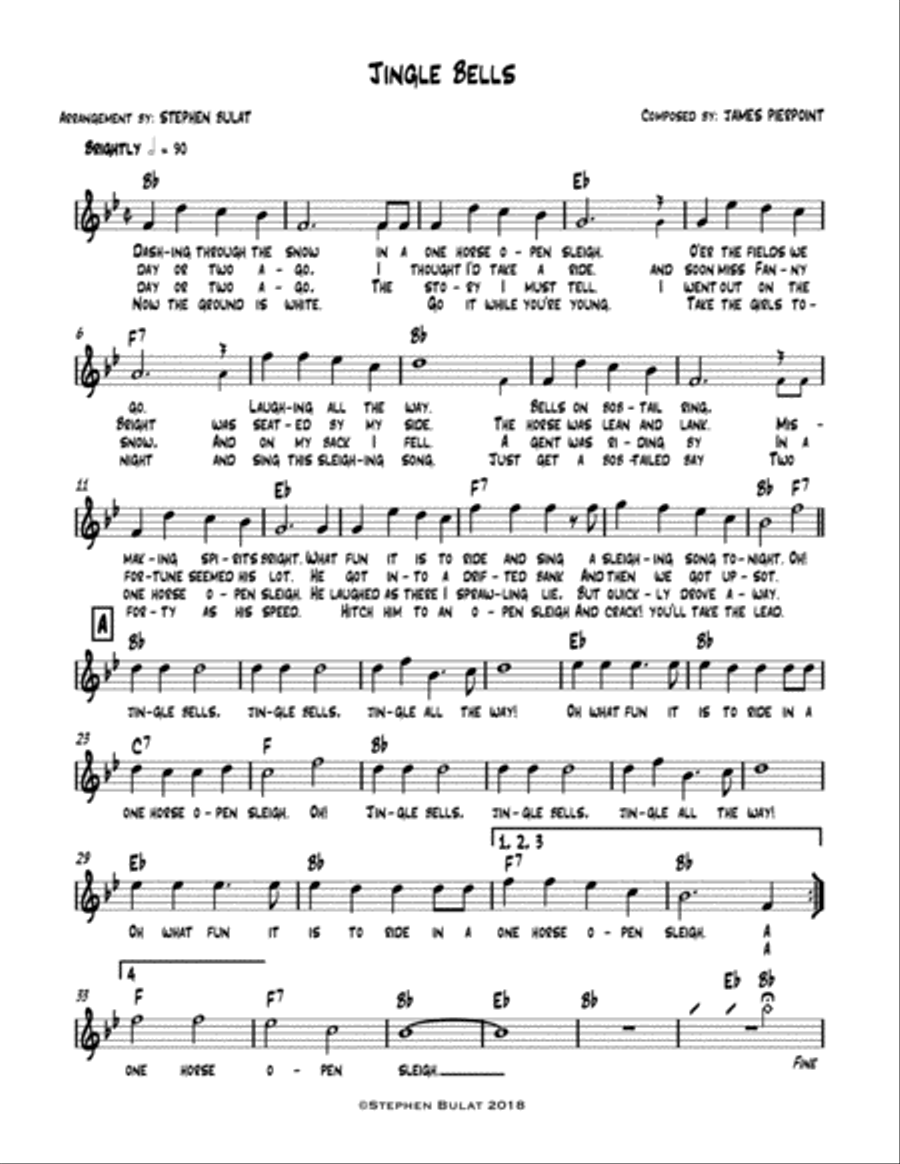Jingle Bells - Lead sheet (melody, lyrics & chords) in key of Bb Jazz Ensemble scores gallery preview page 1