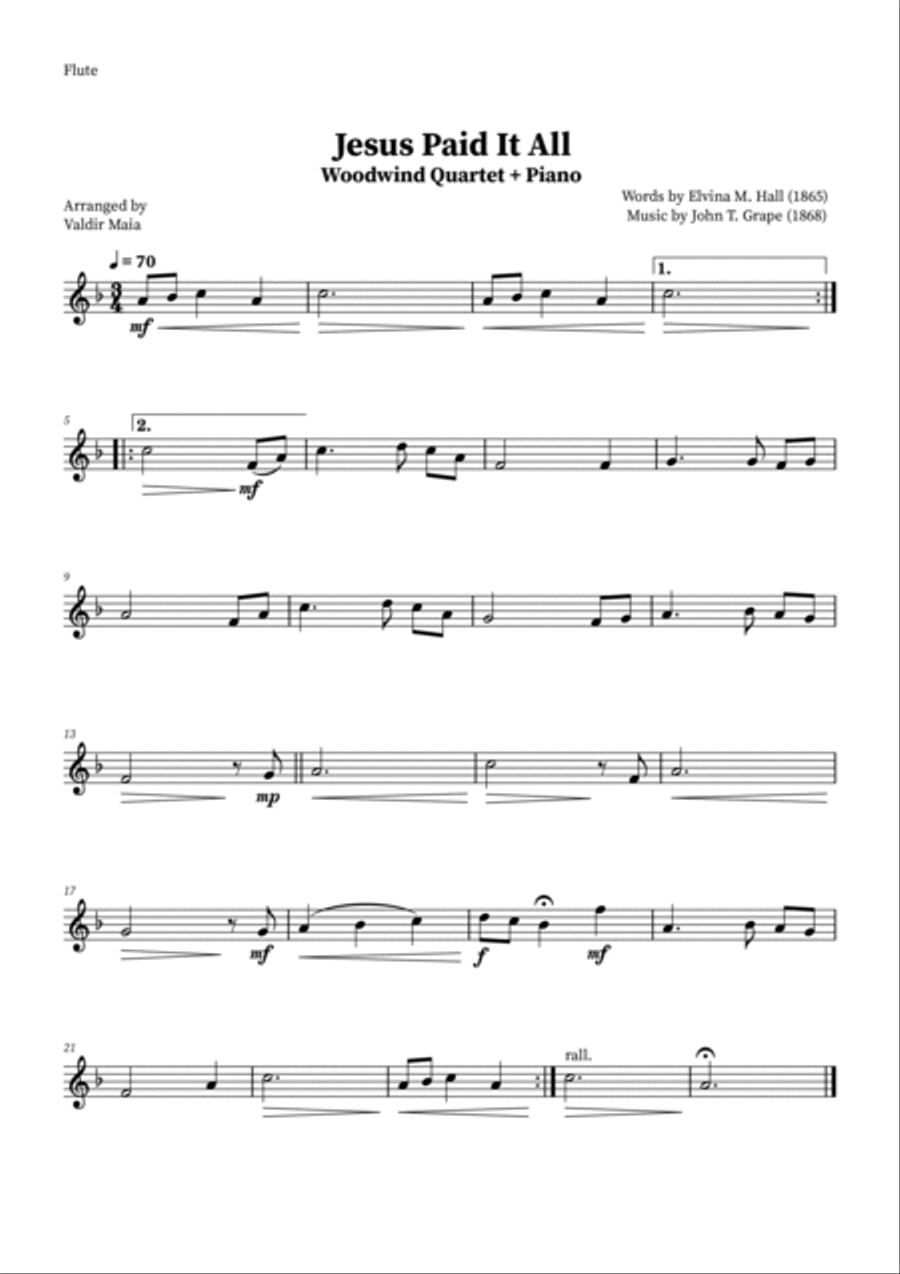 Jesus Paid It All - Woodwind Quartet and Piano (+Chords) Woodwind Quartet scores gallery preview page 4