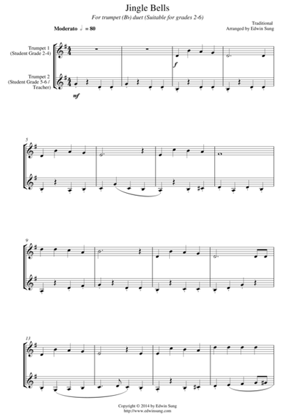 Jingle Bells (for trumpet (Bb) duet, suitable for grades 2-6) image number null