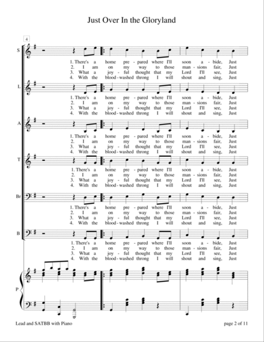 Just Over In the Gloryland (for SSATBB choir A Cappella or with Piano Accompaniment) A Cappella scores gallery preview page 4