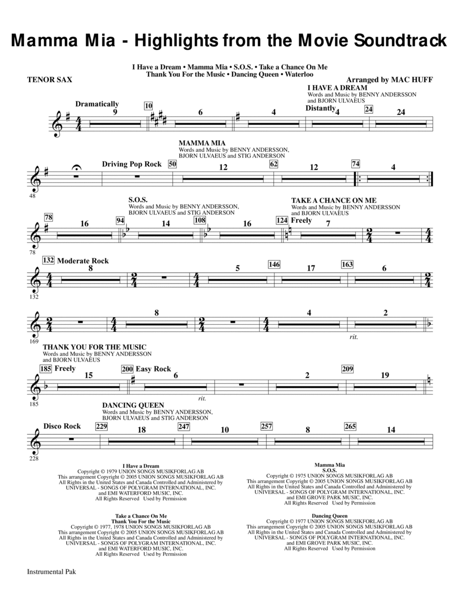 Mamma Mia! - Highlights from the Movie Soundtrack (arr. Mac Huff) - Tenor Sax Choir scores gallery preview page 1