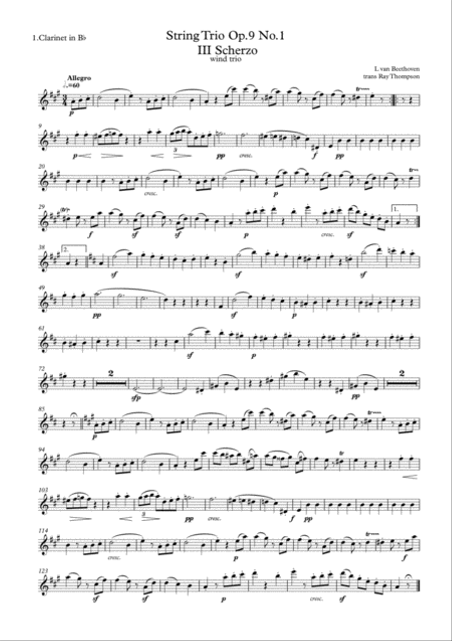 Beethoven: String Trio No.3 in G Op.9 No.1 Mvt.III Scherzo - woodwind trio Woodwind Quintet scores gallery preview page 4
