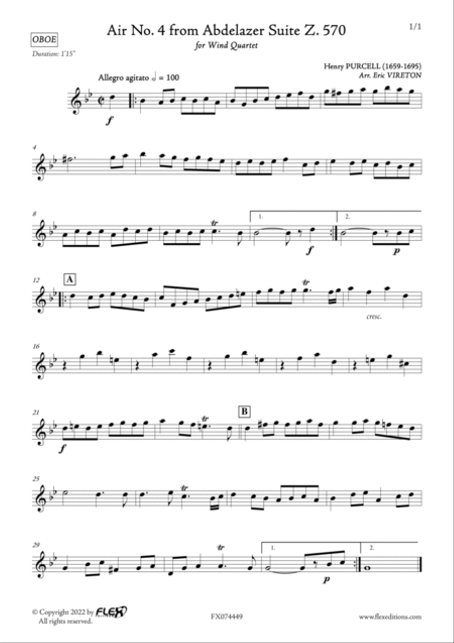 Air No. 4 from Abdelazer Suite Z. 570 Woodwind Quartet scores gallery preview page 4