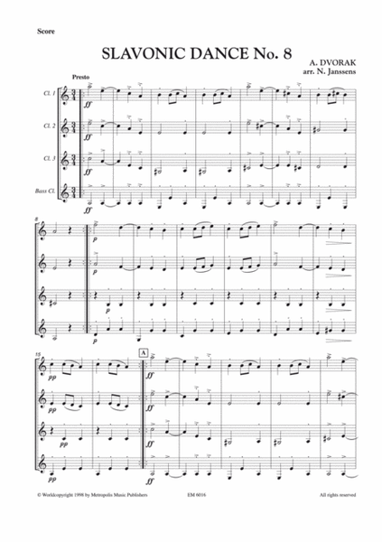 Slavonic Dance, Op.46 nr.8 for Clarinet Quartet
