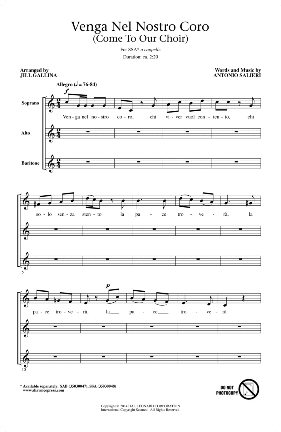 Venga Nel Nostro Coro Venga Nel Nostro Coro SSA scores gallery preview page 1
