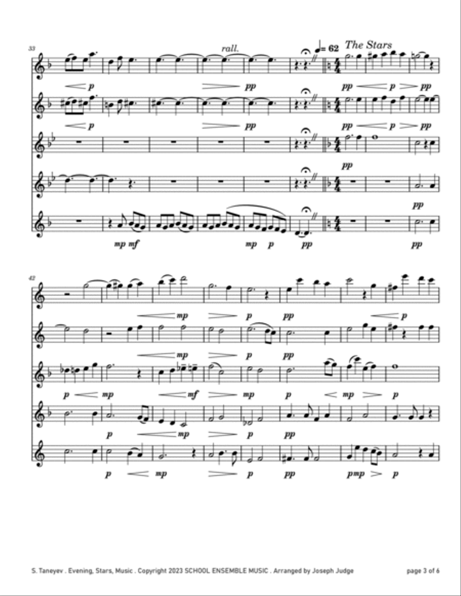 Evening Stars Music by Taneyev for Saxophone Quintet in Schools Saxophone Quintet scores gallery preview page 3