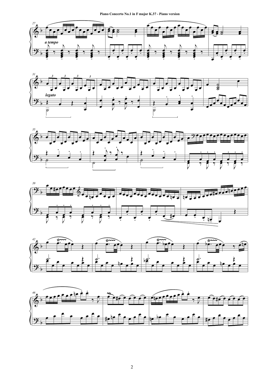 Mozart - Piano Concerto No.1 in F major K 37 for Piano version Piano Solo scores gallery preview page 2