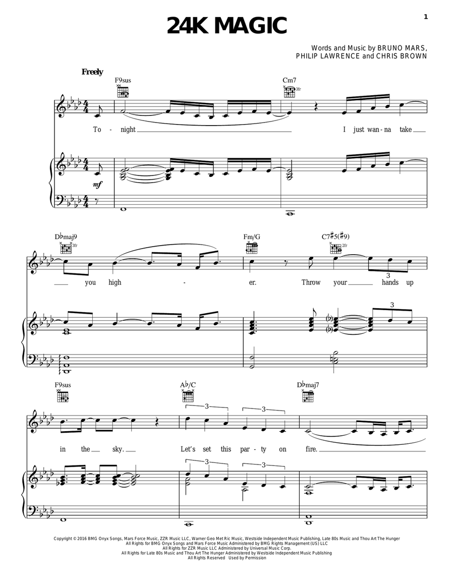 24K Magic Piano, Vocal, Guitar scores gallery preview page 1