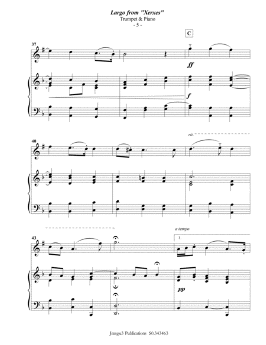 Handel: Largo from Xerxes for Trumpet & Piano B-Flat Trumpet scores gallery preview page 5