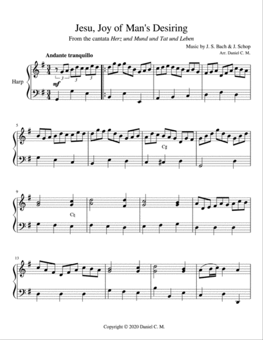 Jesu, Joy of Man's Desiring for harp (easy) Harp scores gallery preview page 1