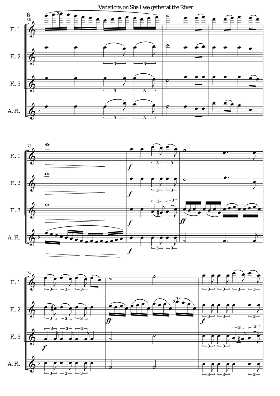 Variations on Shall we gather at the river for flute quartet (3 flutes and 1 alto flute) Flute Quartet scores gallery preview page 6