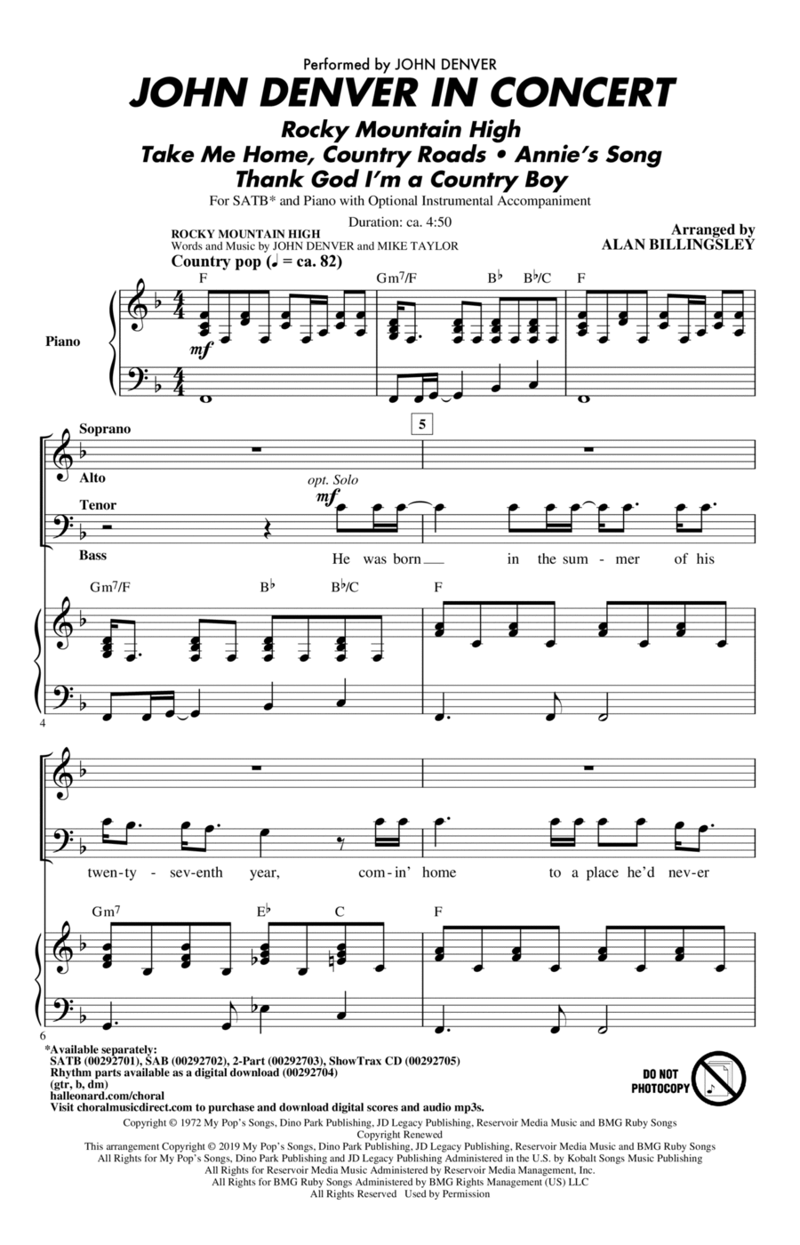 John Denver In Concert (arr. Alan Billingsley) 4-Part scores gallery preview page 1