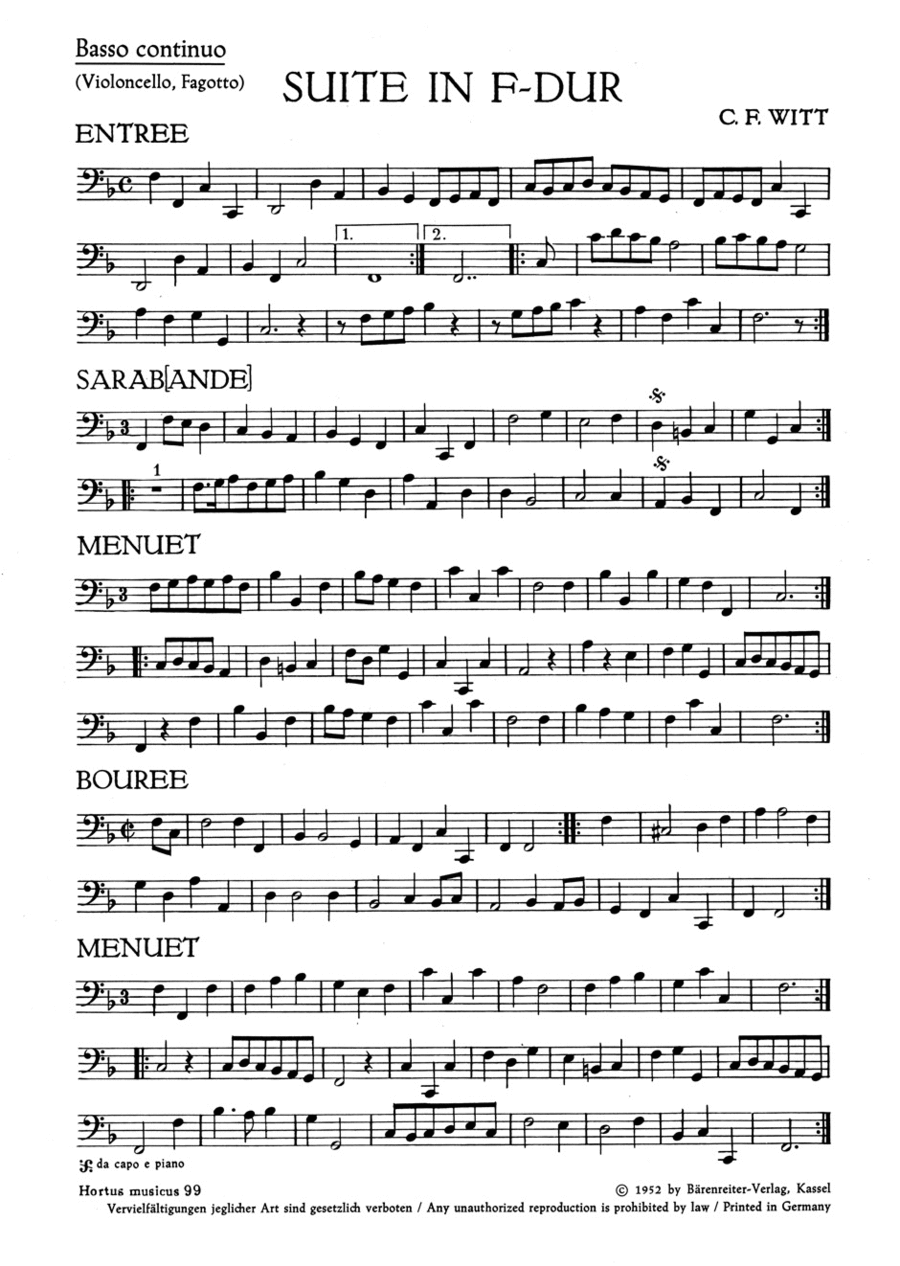 Suite for two Treble Recorders and one Tenor Recorder or other Instruments and Basso continuo F major Bassoon scores gallery preview page 1