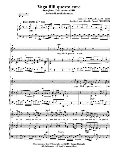 CAVALLI Francesco: Vaga filli questo core, aria from the cantata, arranged for Voice and Piano (F ma image number null