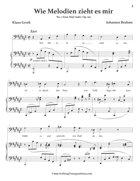 BRAHMS: Wie Melodien zieht es mir, Op. 105 no. 1 (transposed to F-sharp major, bass clef)