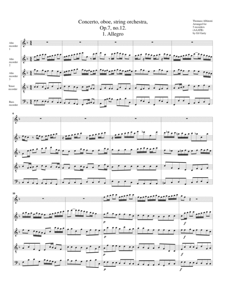 Concerto for oboe and string orchestra, Op.7, no.12 (Arrangement for 5 recorders)