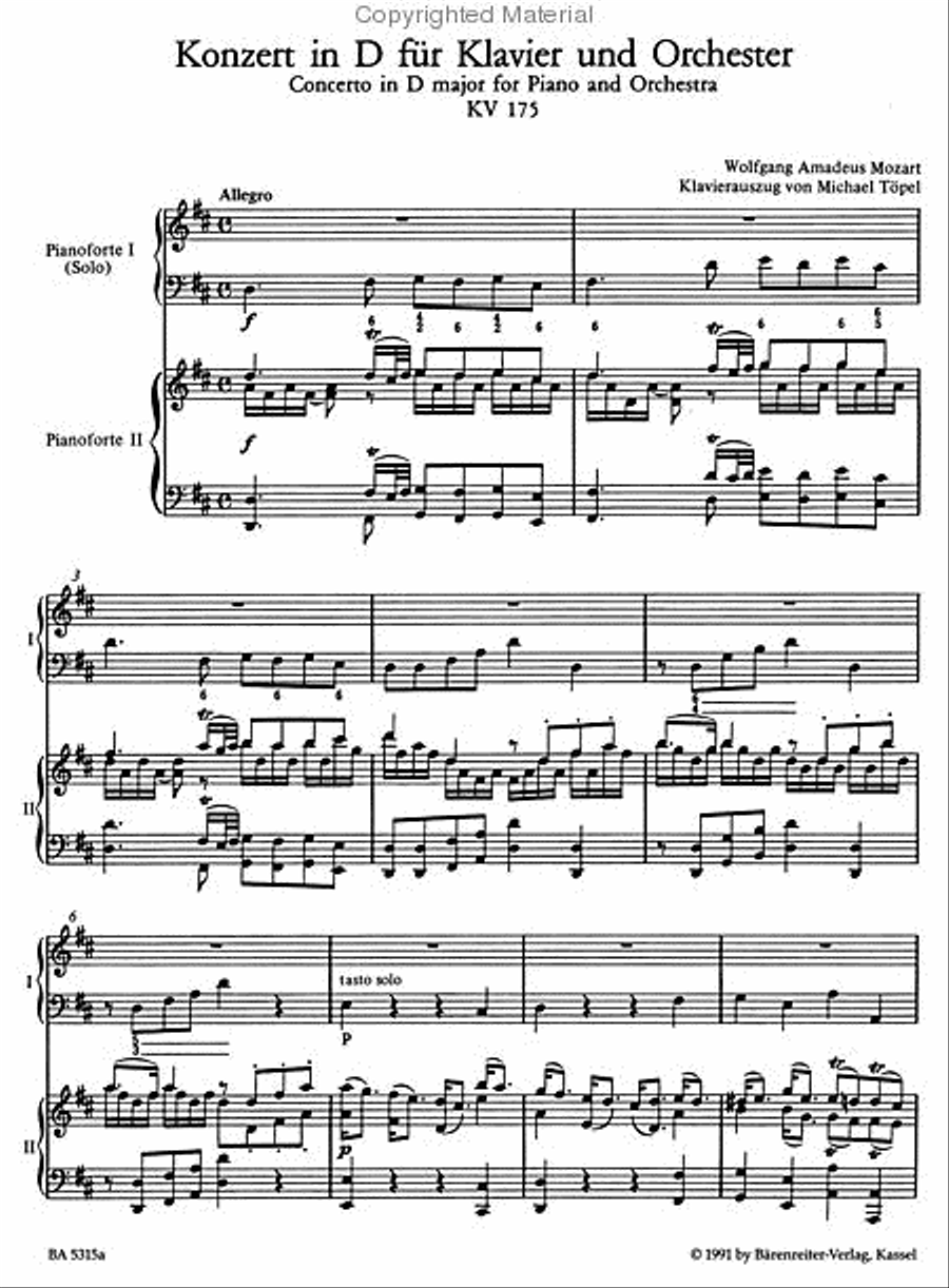 Concerto for Piano and Orchestra, No. 5 D major, KV 175, KV 382 Rondo Piano Solo scores gallery preview page 2