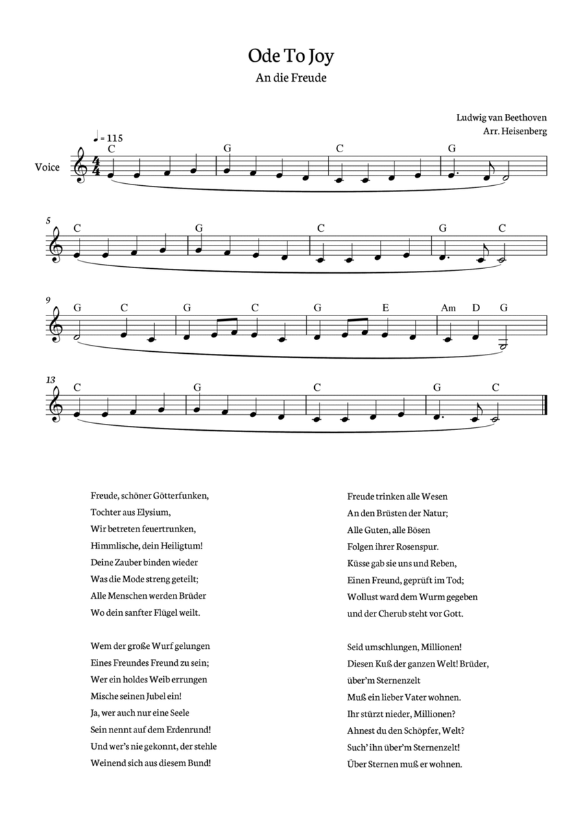 Beethoven - Ode To Joy for voice with chords in C (Lyrics in German) image number null