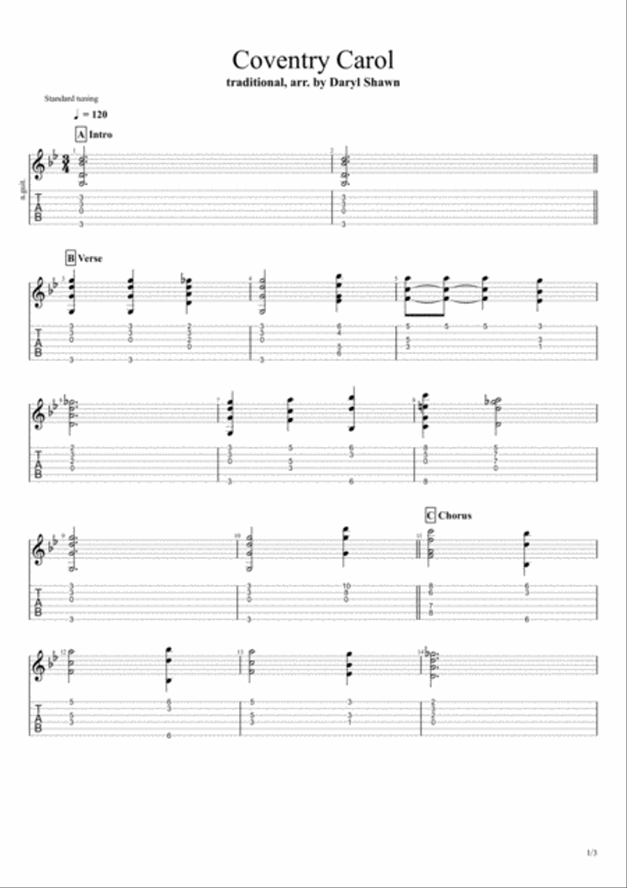 Coventry Carol, for solo fingerstyle guitar Fingerpicking Guitar scores gallery preview page 1