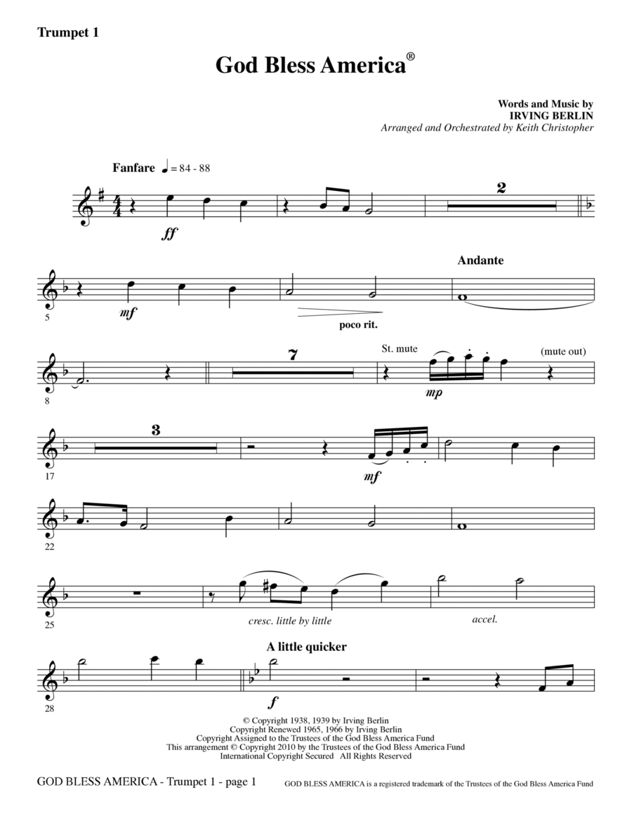 God Bless America - Trumpet 1 Choir scores gallery preview page 1