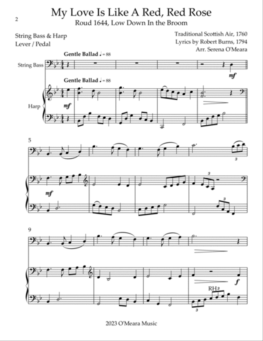 My Love Is Like A Red, Red Rose, Duet for String Bass & Harp String Duet scores gallery preview page 2