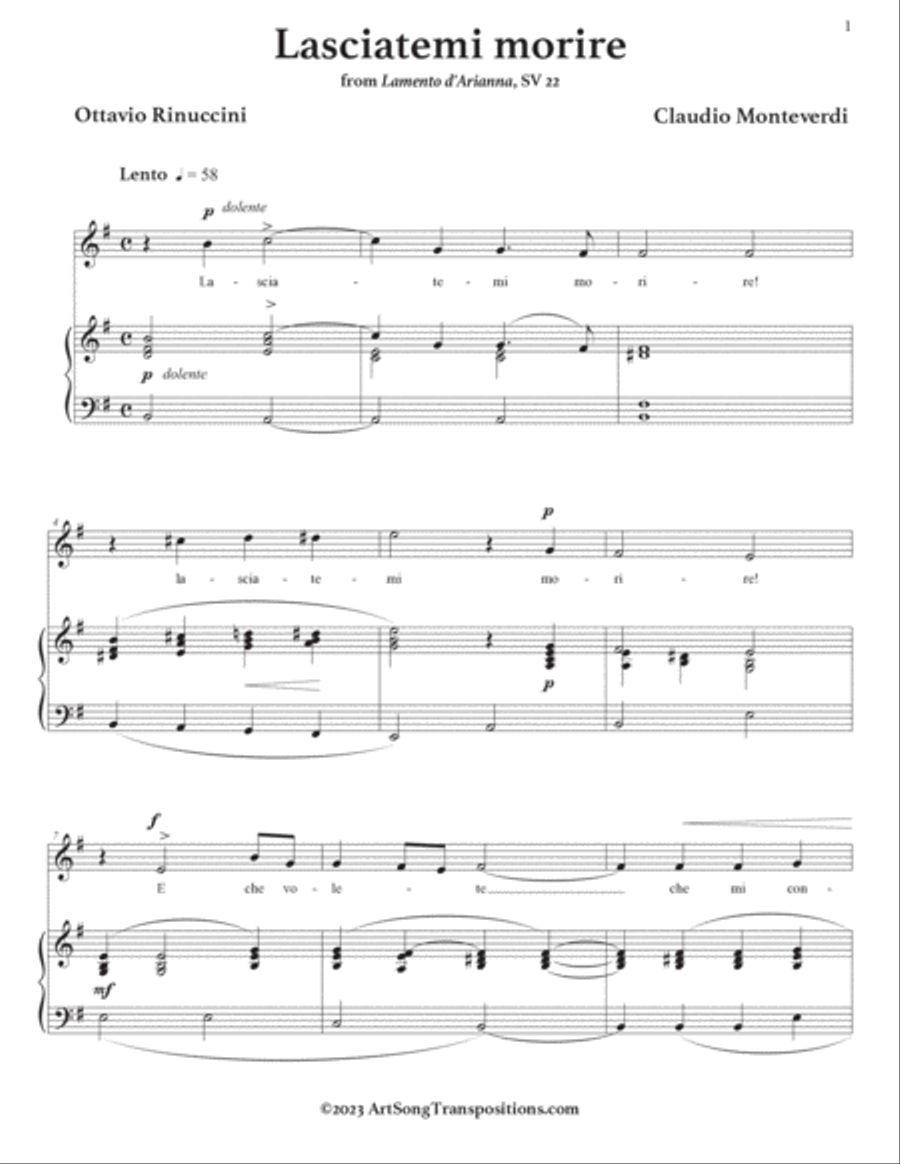 MONTEVERDI: Lasciatemi morire! (transposed to E minor, E-flat minor, and D minor) Voice scores gallery preview page 2