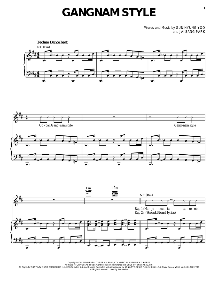 Gangnam Style Piano, Vocal, Guitar scores gallery preview page 1