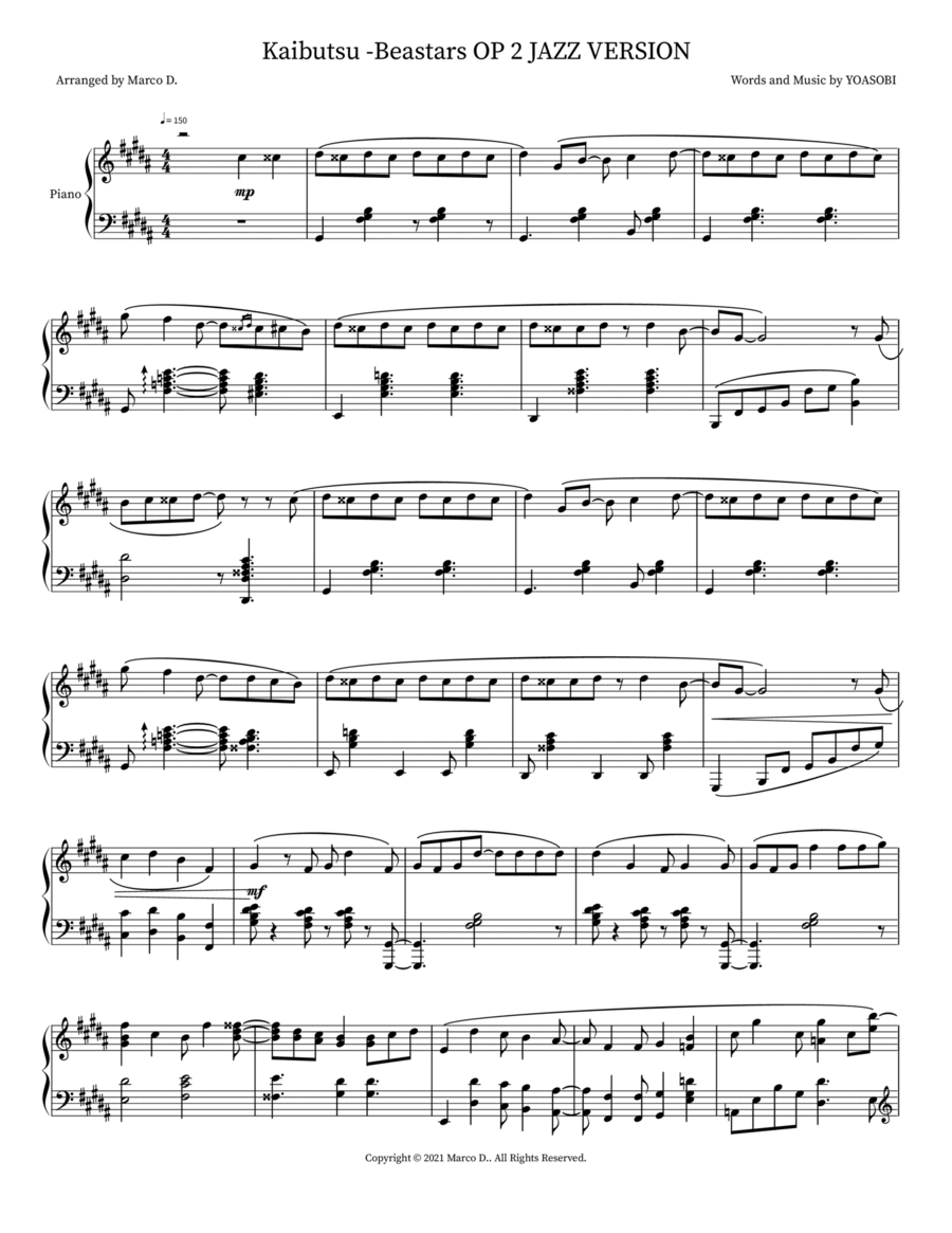 Kaibutsu -Beastars OP 2 JAZZ VERSION Piano Solo scores gallery preview page 1
