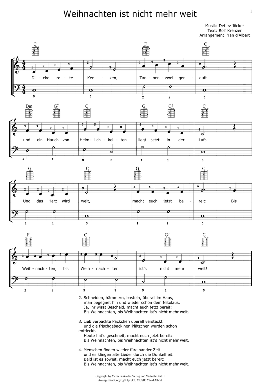 Weihnachten ist nicht mehr weit (Arr.: Yan d'Albert) Easy Piano scores gallery preview page 1