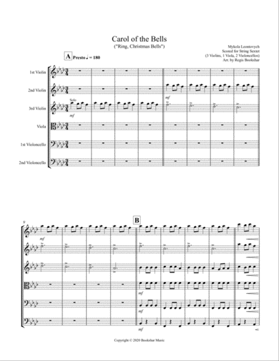 Carol of the Bells (F min) (String Sextet - 3 Violin, 1 Viola, 2 Cello) Cello scores gallery preview page 1