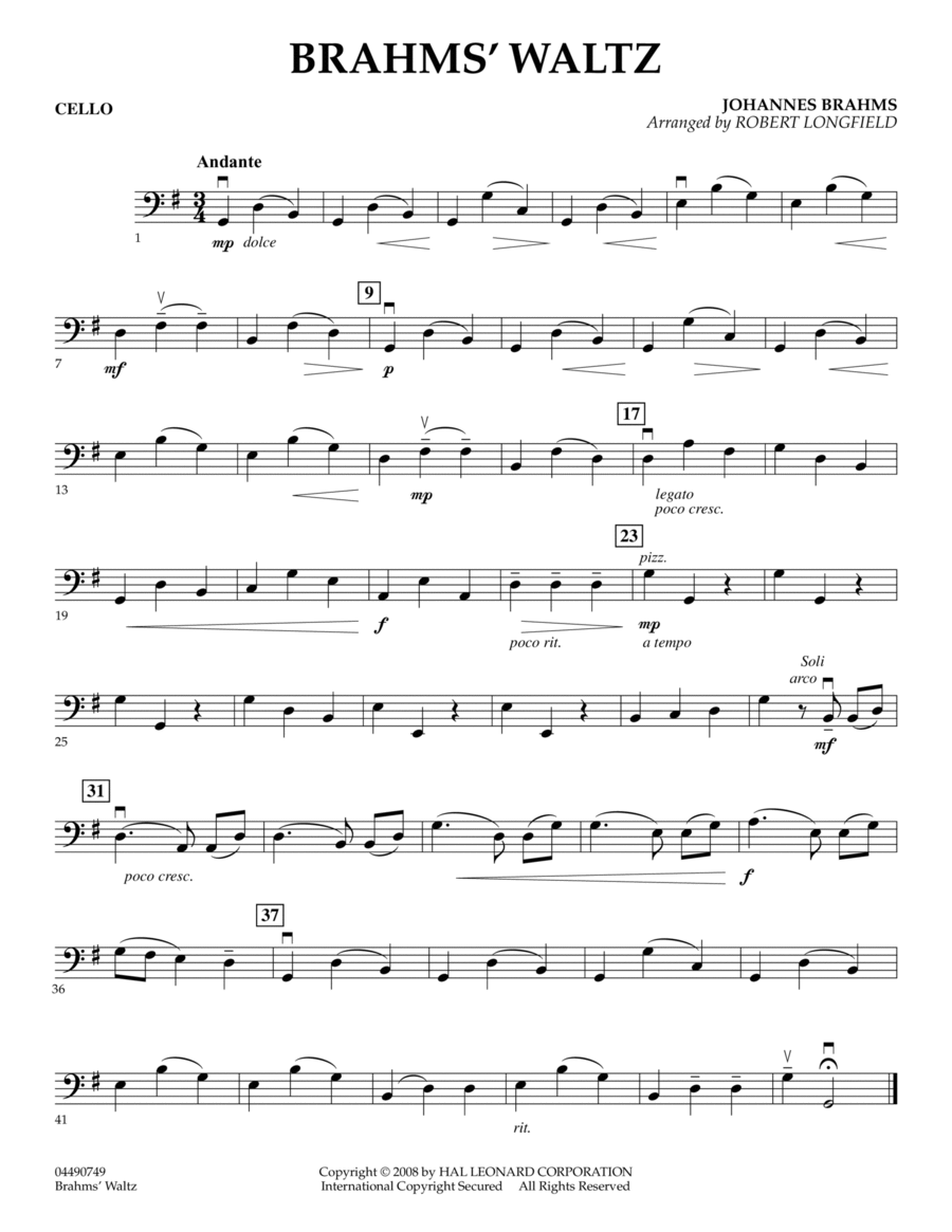 Brahms' Waltz - Cello Brahms' Waltz - Cello Orchestra scores gallery preview page 1