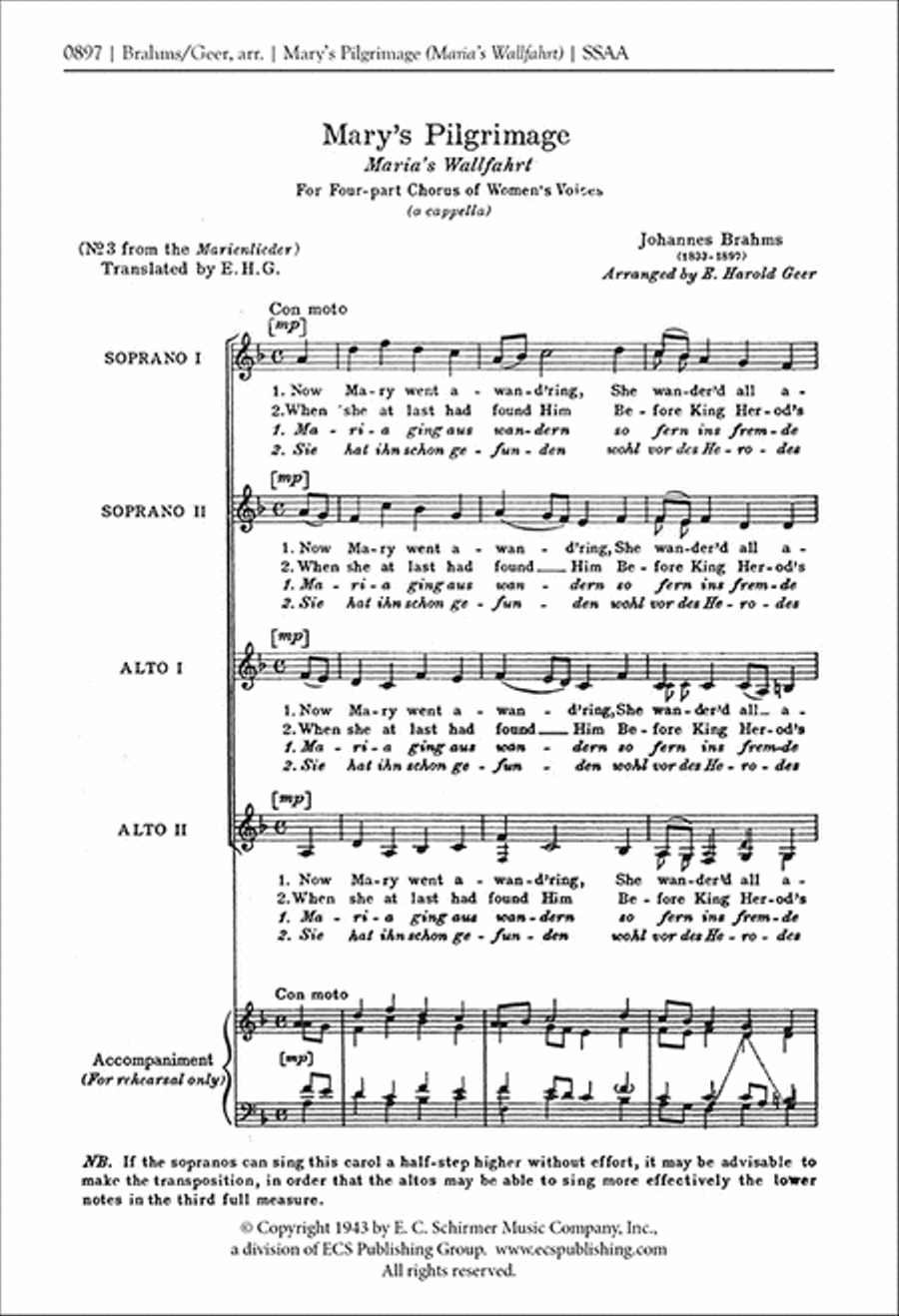 Marienlieder: 3. Mary's Pilgrimage (Marias Wallfahrt) SSAA scores gallery preview page 1