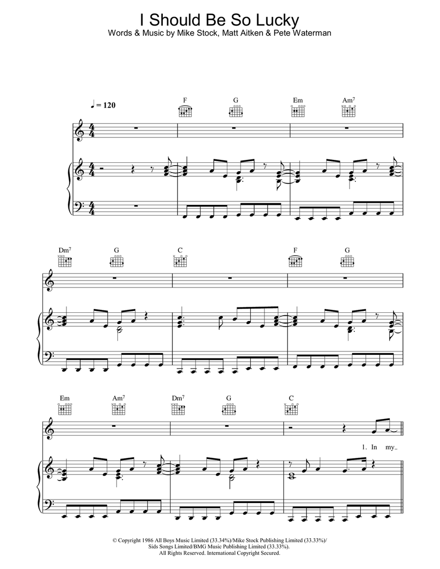 I Should Be So Lucky Piano, Vocal, Guitar scores gallery preview page 1