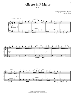Book cover for Allegro in F Major, K. 1c
