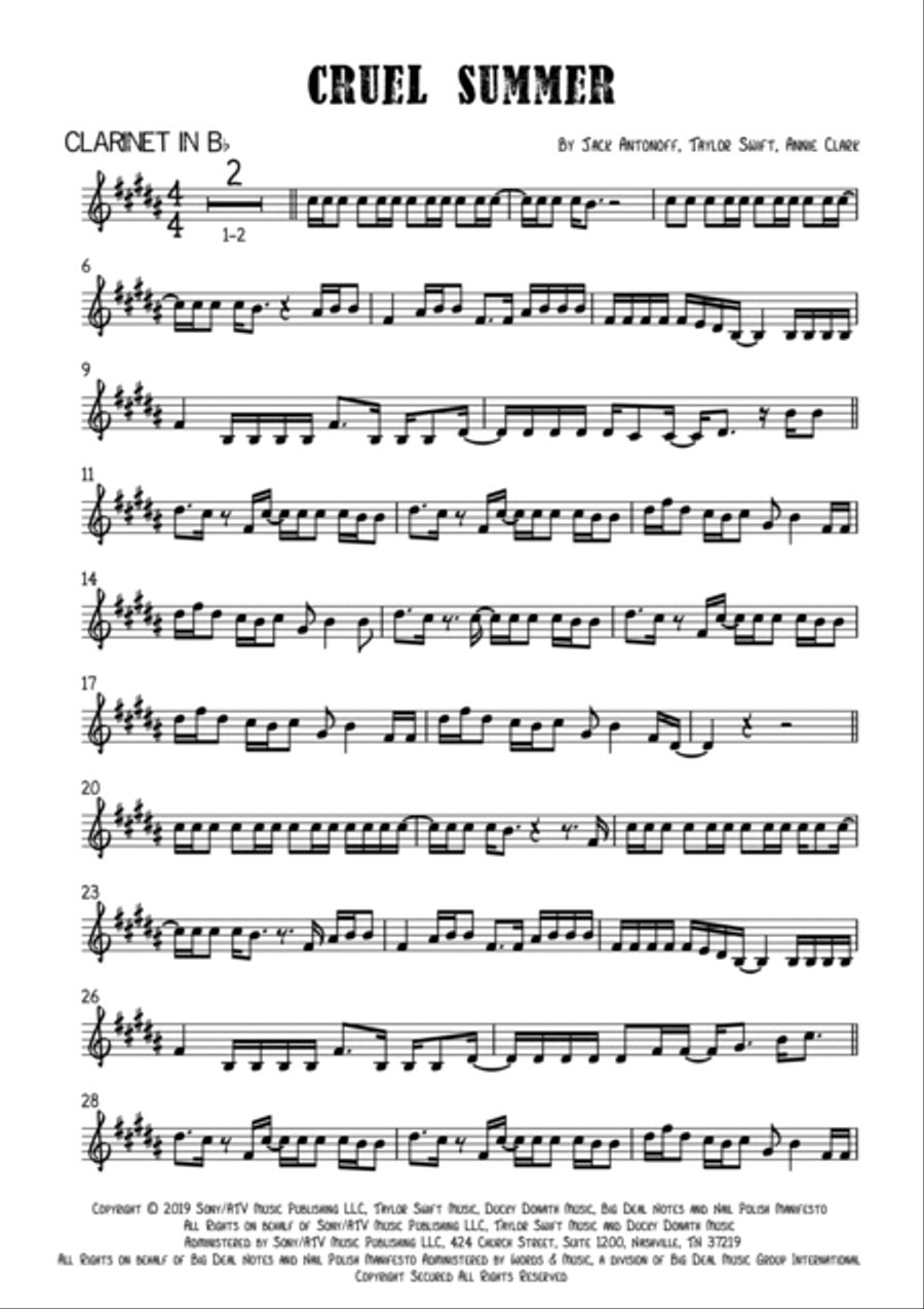 Cruel Summer Clarinet Solo scores gallery preview page 2