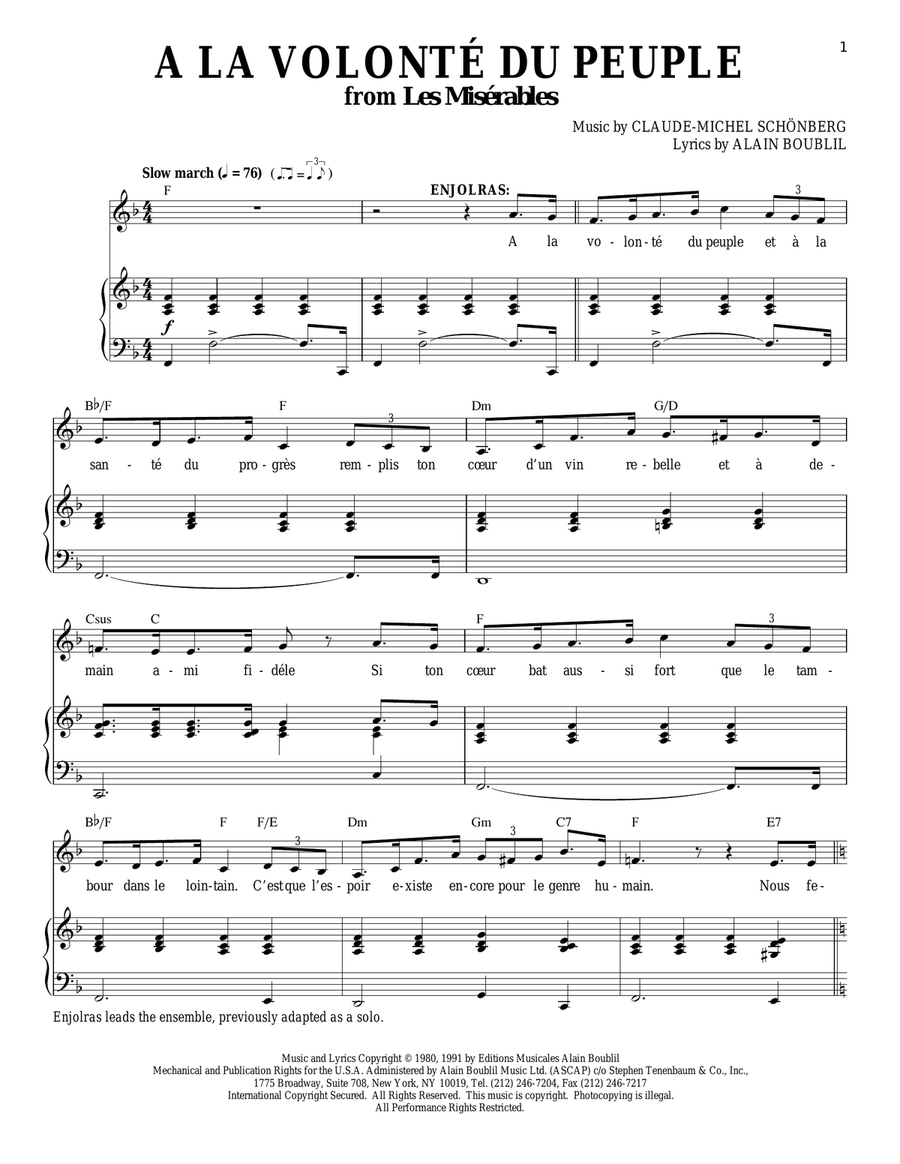 A La Volonte Du Peuple Piano, Vocal scores gallery preview page 1