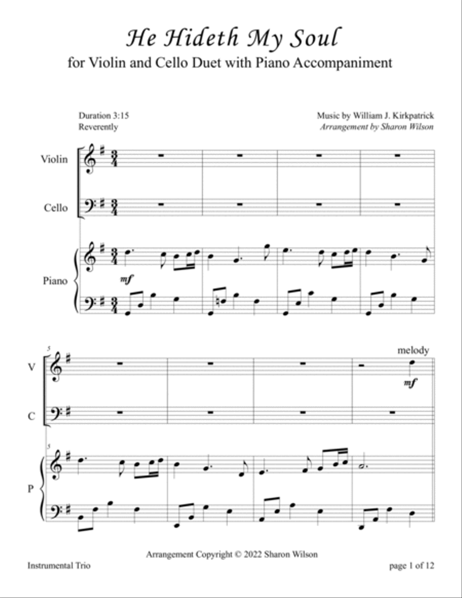 He Hideth My Soul (for Violin and Cello Duet with Piano Accompaniment) Piano Trio scores gallery preview page 4