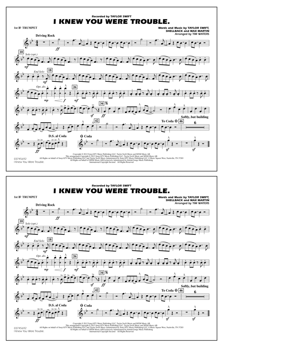 I Knew You Were Trouble - 1st Bb Trumpet Marching Band scores gallery preview page 1